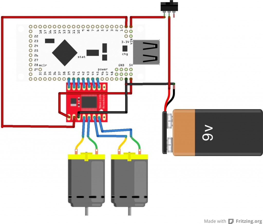 Wiring diagram between the IOIO and the TB6612FNG motor controller board